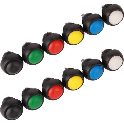 12 Pièces 12mm Boutons Poussoir de Réinitialisation, Lockless Momentané Bouton Poussoir On-Off,Push Button Switch, Mini Bouton Poussoir Interrupteur,Ronds,Rouge/Vert/Jaune/Bleu/Noir/Blanc (1/4)