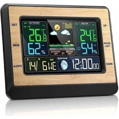 Station météo sans fil avec capteur extérieur, écran couleur 15,2 cm, affichage température/humidité intérieure & extérieure, pression atmosphérique, prévisions météo, phases lunaires et réveil