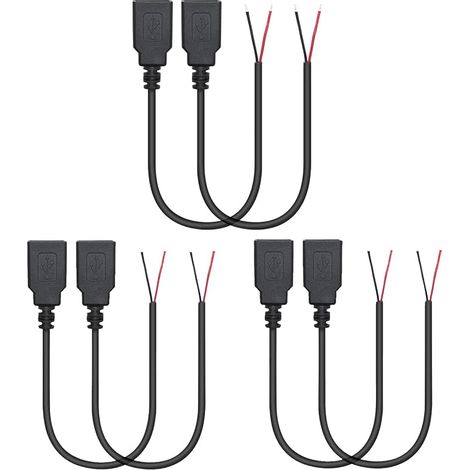 6 Pcs Câble d'alimentation USB 2.0 Femelle à 2 broches, 30 cm, USB A 12 V/3 A, prise en queue de cochon, extrémité ouverte (1/5)
