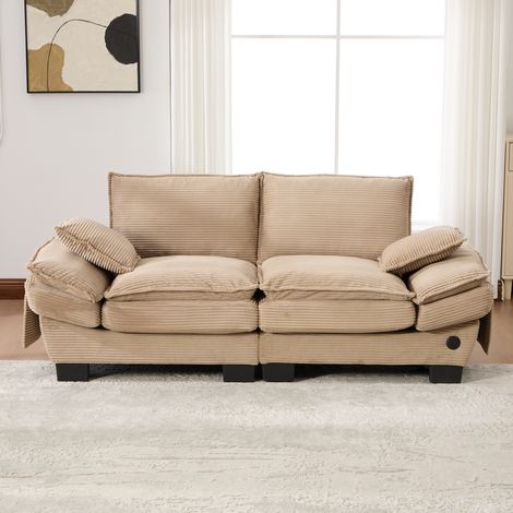 sofá 2 plazas con USB-C y bolsillos, corduroy khaki OKMYHOME (1/5)