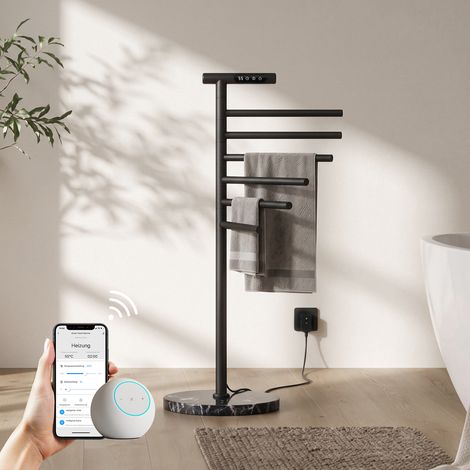 EMKE Elektrischer Handtuchheizkörper 140 W, freistehend mit 6 schwenkbaren Heizstäben, App-Steuerung, LED-Touchdisplay, 30–70 °C, Schwarz (1/5)