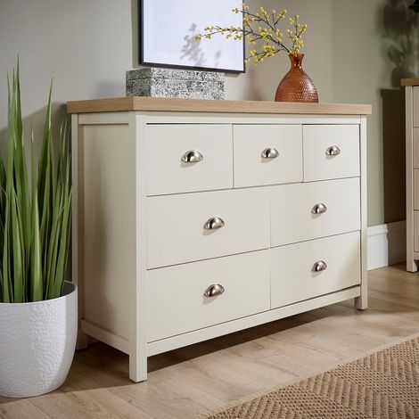 Wide 7 Drawer Chest of Drawers White Oak Storage Metal Cup Handles 36mm Top (1/5)
