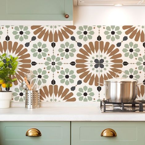 Crédence cuisine en aluminium - effet carreaux de ciment marron et vert - 360x50 cm (en 3 bandeaux) (1/5)