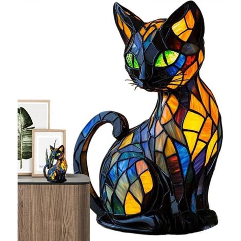 Night Light Stained Glass Animal Lamp - Vintage Stained Glass Cat Lamp Handmade Animal Bedside Table Night Light (1/5)