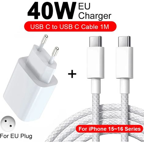Chargeur USB-C compatible PD 40 W pour iPhone (compatible avec iPhone 16, 15, 14, 13, 12, 11 Pro, XS Max, XR, X, 8, 7, 6 Plus) - Câble de charge rapide et accessoires inclus (1/5)
