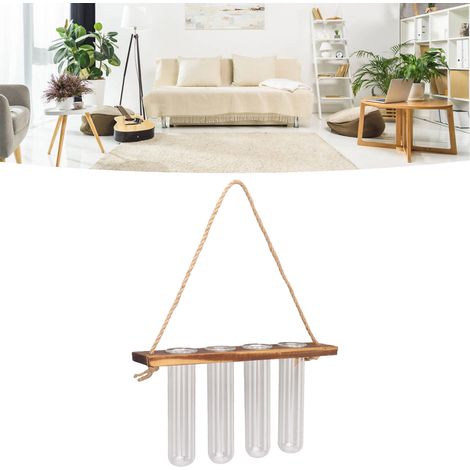 Ornement hydroponique créatif en verre à 1 niveau et 4 trous, décoration murale pour plantes vertes, récipient hydroponique suspendu en verre et tube à essai avec cadre en bois, couleur rétro (1/5)