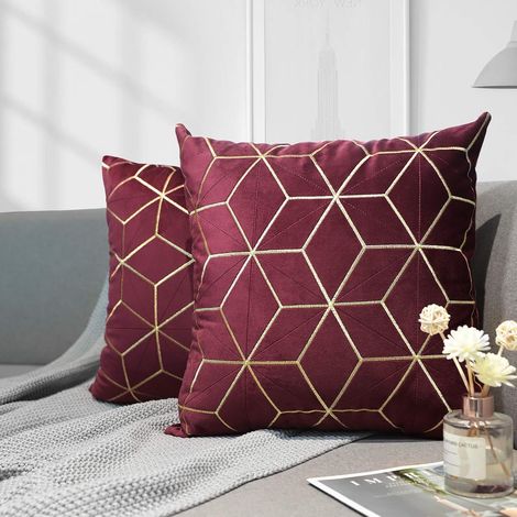 MINKUROW Fodera Per Cuscino In Velluto, 2 Pezzi Federa Quadrata Con Motivo Geometrico Ricamato In Oro, Fodera Per Cuscino Morbida Per Divano Del Soggiorno Auto, 45 X 45 Cm - Bordeaux (1/5)