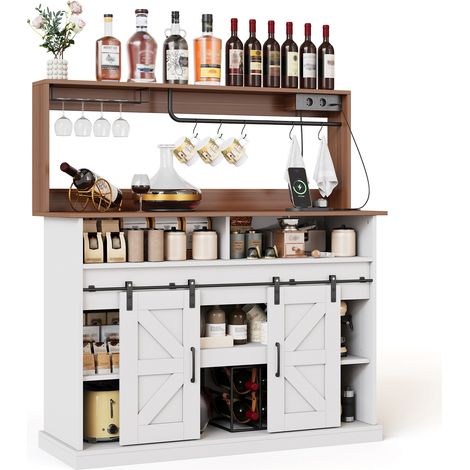 Mobile bar caffè 120 x 40 x 130 cm in MDF bianco e effetto naturale - CHICFURN (1/5)