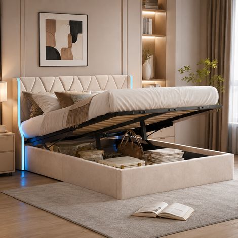 Lit coffre 160×200 cm,lumière LED,lit capitonné,rangement hydraulique,lit double,tête de lit rembourrée,cadre de lit 160×200,style moderne,sommier à lattes,lit adulte,lit ados,Velours,Beige (1/5)