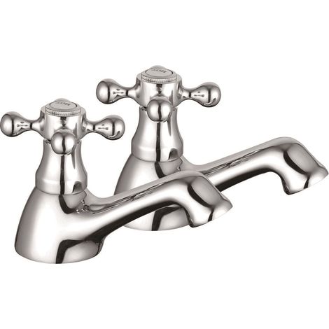 Edwardian Traditional Chrome Basin Taps Hot & Cold Classic Cross Head - PAIR (1/2)