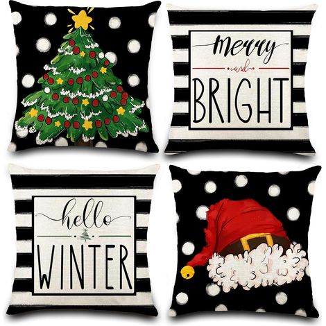 Juego de 4 fundas de cojín navideñas, 45x45 cm. Decoraciones brillantes y coloridas. Estampado de árbol de Navidad. Rayas blancas y negras con lunares. Ideal (1/5)