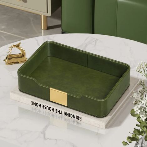 Plateau de rangement rectangulaire en cuir vert pour clés et accessoires de toilette (1/5)