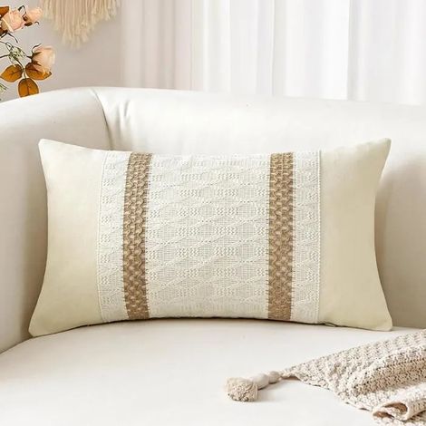 Housse de coussin lombaire bohème 30x50cm en coton et toile de jute texturée à rayures tissées de style bohème,double rayure,1 (1/5)