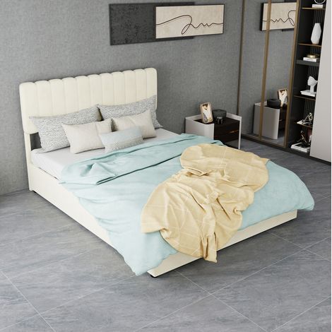 Letto imbottito beige 140x200 cm in tessuto e metallo, testiera confortevole, stile moderno (1/5)