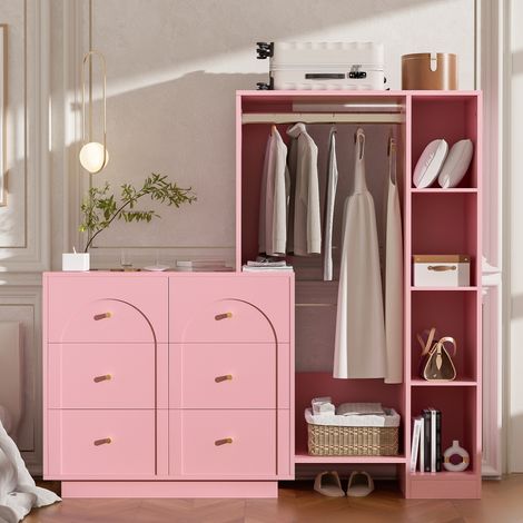 Organisation Optimale Garde-Robe Penderie Dressing 6 Tiroirs et Tringle 139x35x133cm Étagères pour Chambre et Studio Rose (1/5)