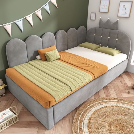 Bett Daybed modern Samt Grau 90x200 cm mit Ausziehbett 90x190 cm, Kronen-Kopfteil und Gitterdesign (1/5)