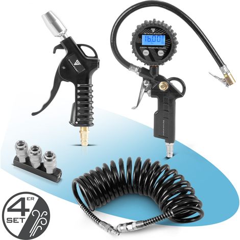 STAHLWERK Juego de aire comprimido de 4 piezas: práctico juego de accesorios para compresor, pistola de soplado con boquilla Venturi, inflador de neumáticos con manómetro digital, manguera espiral de