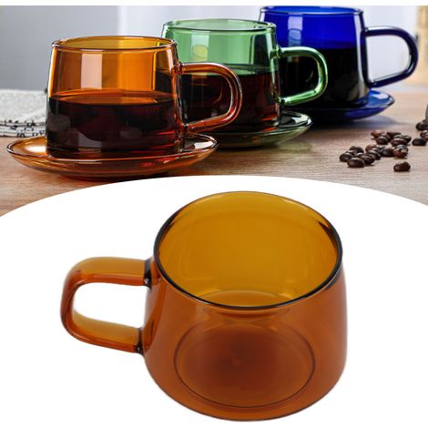 Hochwertige Kaffeetasse aus klarem Borosilikatglas mit Untertasse und Henkel, ideal für den Heimgebrauch und für Getränke wie Saft, Tee, Milch und Wasser. Fassungsvermögen: 250 ml, bernsteinfarben. (1/5)