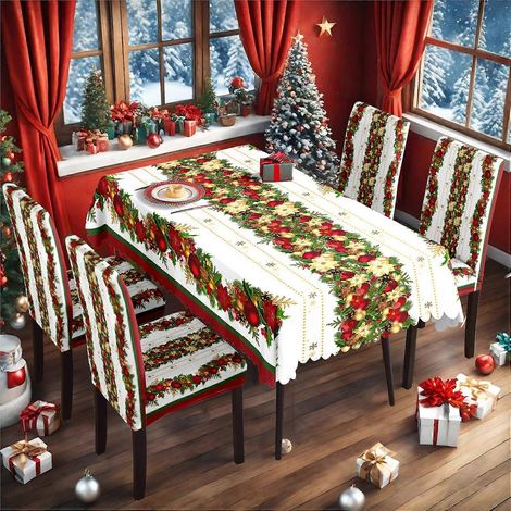 Ensemble de 4 housses de chaises et de tables de Noël (nappe imperméable 140 x 210 cm + 4 chaises) - Tissu antidérapant imprimé (1/3)