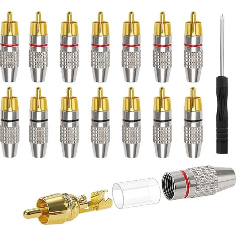Lot de 14 connecteurs RCA sans soudure plaqués or 7 rouges + 7 noirs avec tournevis pour audio, vidéo, vidéosurveillance et caméras de surveillance (1/5)