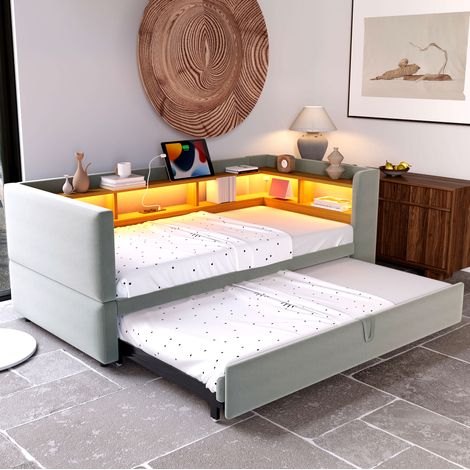 Cama sofá moderna 90/180x190 cm en franela gris claro, con LED, enchufes, estantes integrados y somier de láminas (1/5)