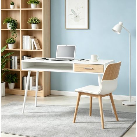Schreibtisch mit Schublade 110x50 cm Weiß Metall OKMYHOME (1/5)