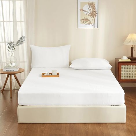 Drap Housse 160 x 200 Coton Blanc Bonnet 30 cm Drap Housse 160 x 200 Double en Gaze de Coton Super Doux Confortable Respirant Drap de lit pour Matelas Épais (1/5)