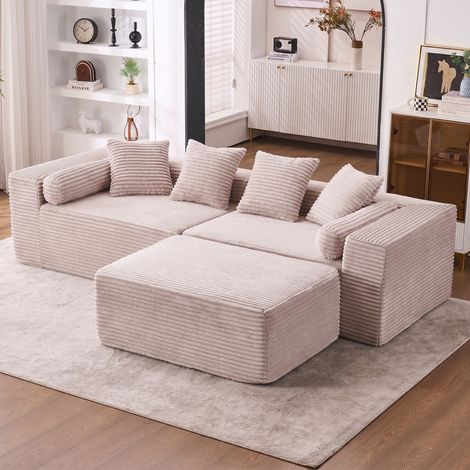Section transversale modulaire avec fauteuil lounge en forme de L, canapé nuage, canapé à coussins moelleux pour salon et chambre - aucune installation requise - tissu chenille (beige) (1/4)