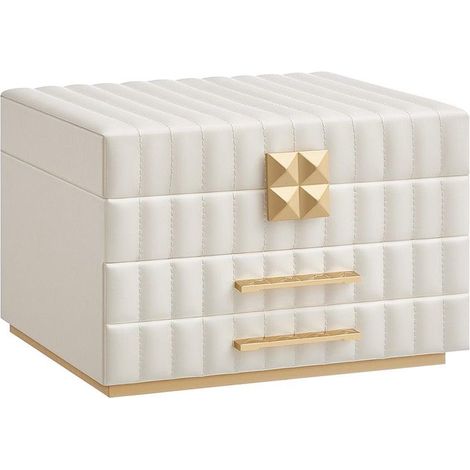 Boîte à bijoux à 3 étages avec miroir et 2 tiroirs 21,5 x 24 x 15,8 cm style élégant déco chambre en PU blanc (1/2)