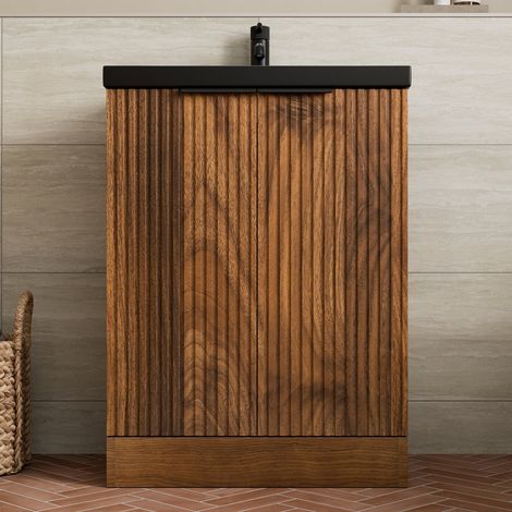 Fluted 600mm Bathroom Vanity Unit Basin Floorstanding Cupboard Soft Close Walnut (1/5)