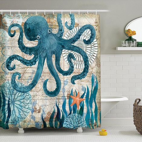 Rideau de Douche Anti Moisissure Lavable Imperméable Motif de pieuvre Rideaux 180x200cm Polyester Tissu (1/4)
