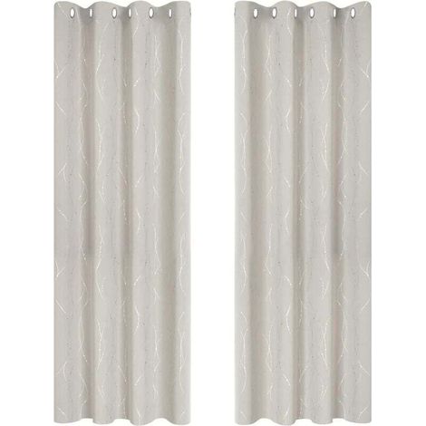 Lot de 2 Rideau Opaque Occultants Isolants Rideau Thermique Anti Froid 140x245cm à Oeillets Imprimé Lignes et Points Argentés Beige Clair