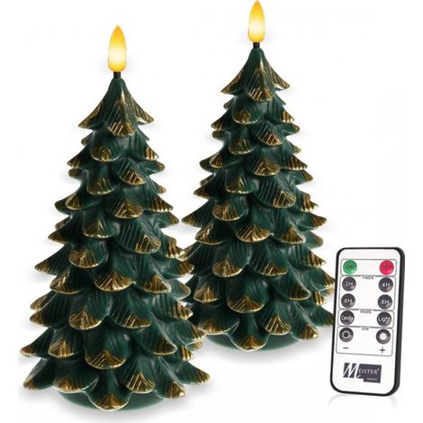 Sapin de Noël en bougie LED ® – Lot de 2 – Cire véritable – Lumière vacillante – Minuterie et télécommande – Blanc chaud – Piles – 12 × 12 × 19 cm (1/5)