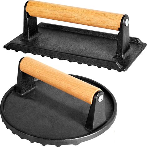 Prensa Para Hamburguesas - Fundición - Mango De Madera - Antiadherente - Para Hamburguesas Y Steaks - 1 Kg - Pack De 2 (1/5)