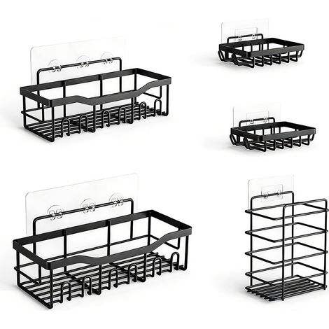 Boîtes de rangement de salle de bain en acier inoxydable antirouille (5 pièces, noires, avec adhésif) (1/5)