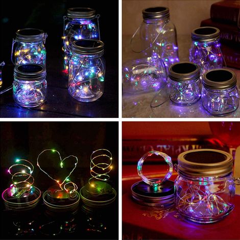 Set mit 6 solarbetriebenen, leuchtenden Deckeln mit 20 LEDs und 6 Haken, Lichterkette zur Außendekoration, Gläser nicht enthalten (1/5)