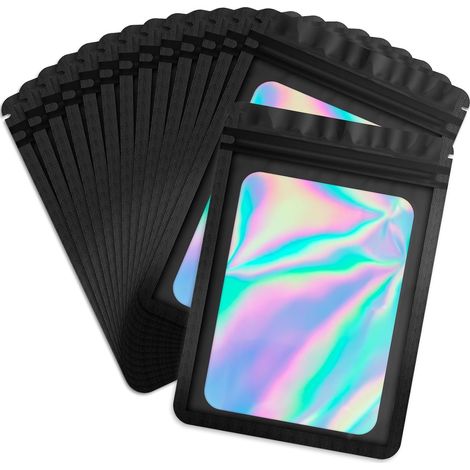 100 Stück schwarze Polyesterfolien-Holobeutel, transparente, wiederverschließbare Papierbeutel für Lebensmittelaufbewahrung, Reißverschlussbeutel, Lipgloss, Schmuck, Wimpernverpackung (9 x 16 Zentimet (1/5)