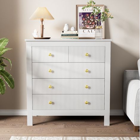 Cómoda de tablero de partículas blanca con 5 cajones texturizados y tiradores dorados, 79 x 39,5 x 80,5 cm (1/5)