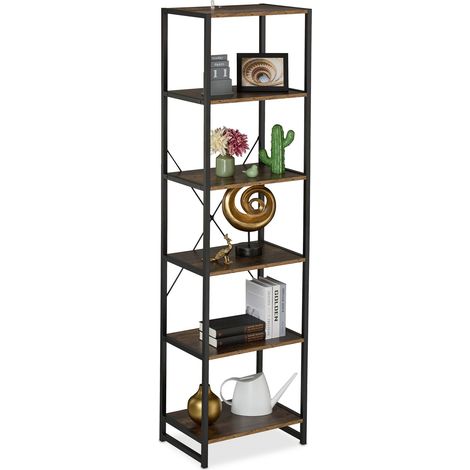 Relaxdays Scaffale Libreria in Stile Industrial, 6 Ripiani, Mobile da Salotto o Cucina, HLP: 180x50x35 cm, Nero Marrone
