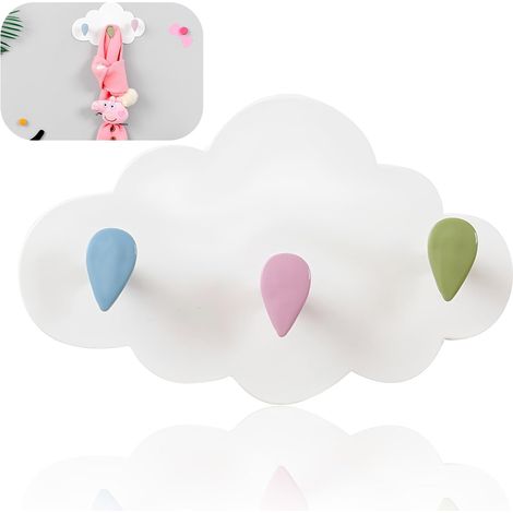 Patère Murale Enfant Forme Nuage - 3 Crochets Porte-Manteau, Installation Sans Perçage pour Chambre d’Enfant