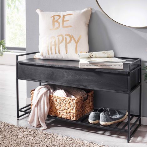 Banc range-chaussures 90x38x52 cm en manguier noir et fer (1/5)