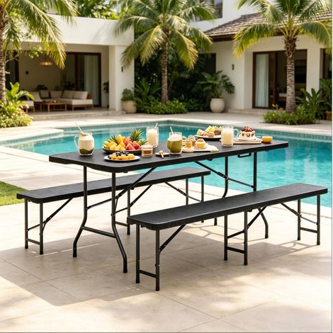 Muebles de jardín en HDPE y metal, 8-10 plazas, negro, plegable (1/5)