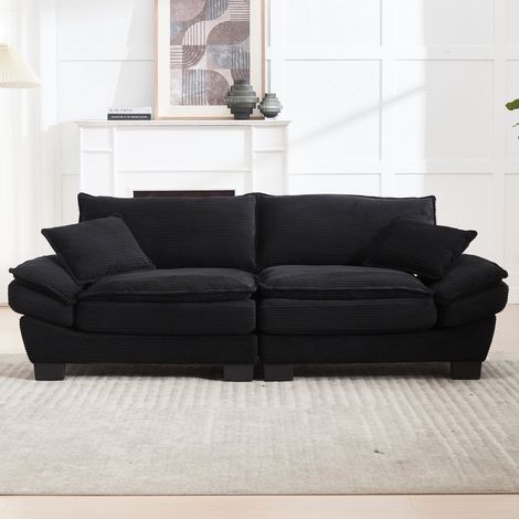 Canapé 2 Places 224x81cm - Tissu Velours Noir - Assise Ultra-Profonde (56cm) - Structure Bois Massif - Capacité 250kg - Design Moderne