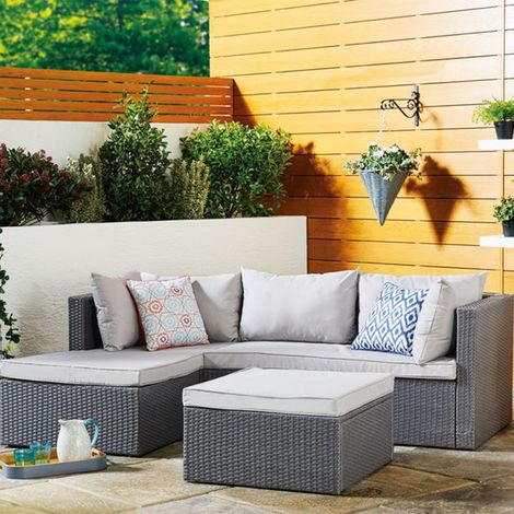 Set Salotto Divano in Polyrattan con Pouf da Esterno Giardino Grigio Chiaro (1/5)