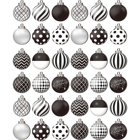 Ensemble de 36 boules de Noël noires et blanches, boules décoratives de 2,5 pouces pour sapin de Noël, 12 styles différents (1/5)