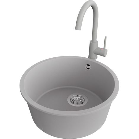 PRIMAGRAN Evier Sous Plan 46x46cm,Evier en Granit 1 bac + Robinet 32x20cm + Kit de Vidage, Évier au meuble 50cm - La Valette, Gris (1/5)