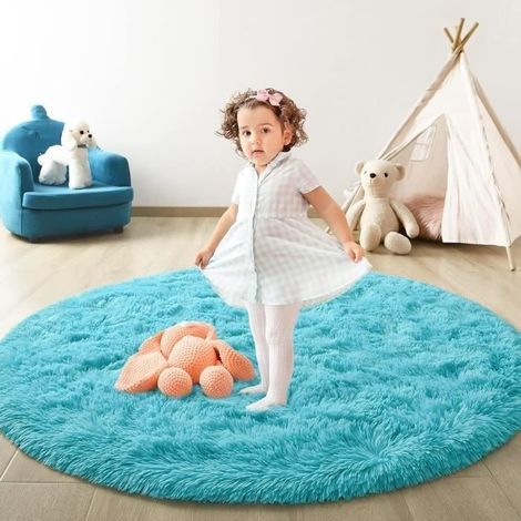 (Bleu)Tapis - LECOO - Shaggy Rond - 100x100cm - Bleu - Anti-dérapant (1/4)