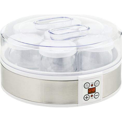 Yaourtière électrique en acier inoxydable avec 7 pots de 180 ml et thermostat réglable, 24 x 24 x 13 cm, blanche (1/5)