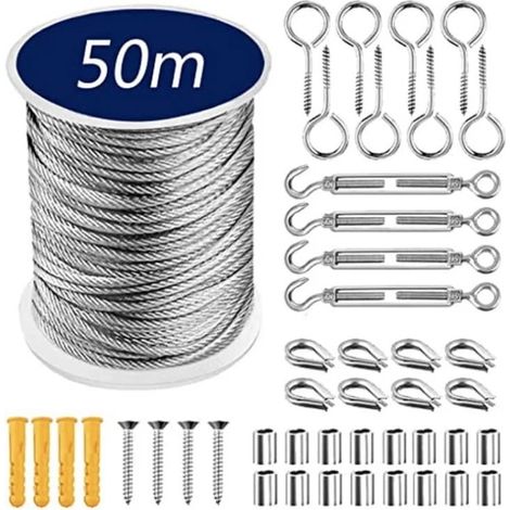 Cavo in acciaio da 50 m, 1 set, kit di sospensione multifunzionale, cavo in acciaio inossidabile, corda per tenda, stendibiancheria per asciugare i vestiti, per stendibiancheria, traliccio e progetti.