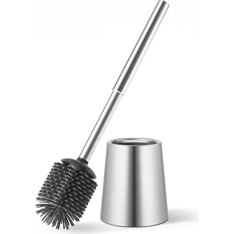 1 - Ensemble Brosse WC - Support Acier Inoxydable - Poils Silicone - Nettoyage 360 Degrés - Salle De Bain - Argent Brossé (1/5)